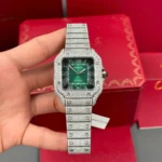 Cartier Santos De Cartier 39.8mm Green Dial Full Moissanite Hongkong –  Customize Diamod