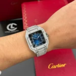 Cartier Santos De Cartier 39.8mm Blue Dial Full Moissanite HongKong –  Customize Diamod - Image 5